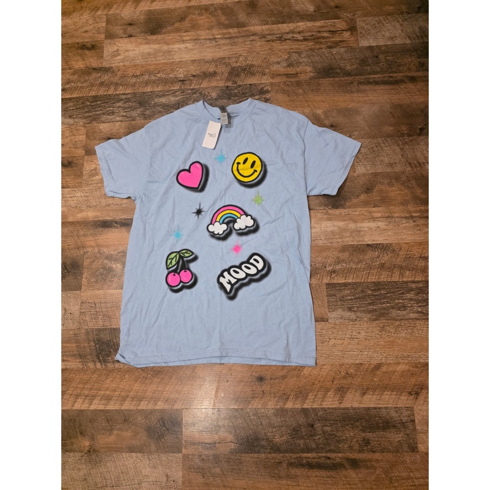 Rue21 Mens Light Blue Airbrush Graphic Tee Smiley Heart Rainbow Mood Shirt M NWT